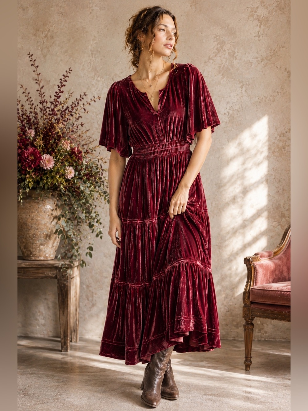 Umgee Wine Red Velvet Tiered Midi Dress Boho Romantic Flutter Sleeve Size L